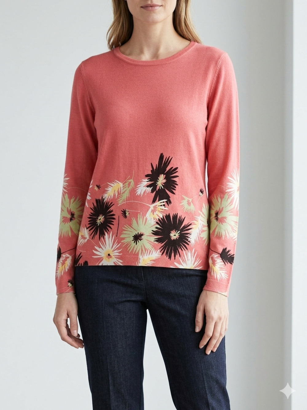 Judith Hart Silk Blend Coral Pink Floral Lightweight Knit Sweater Top XL